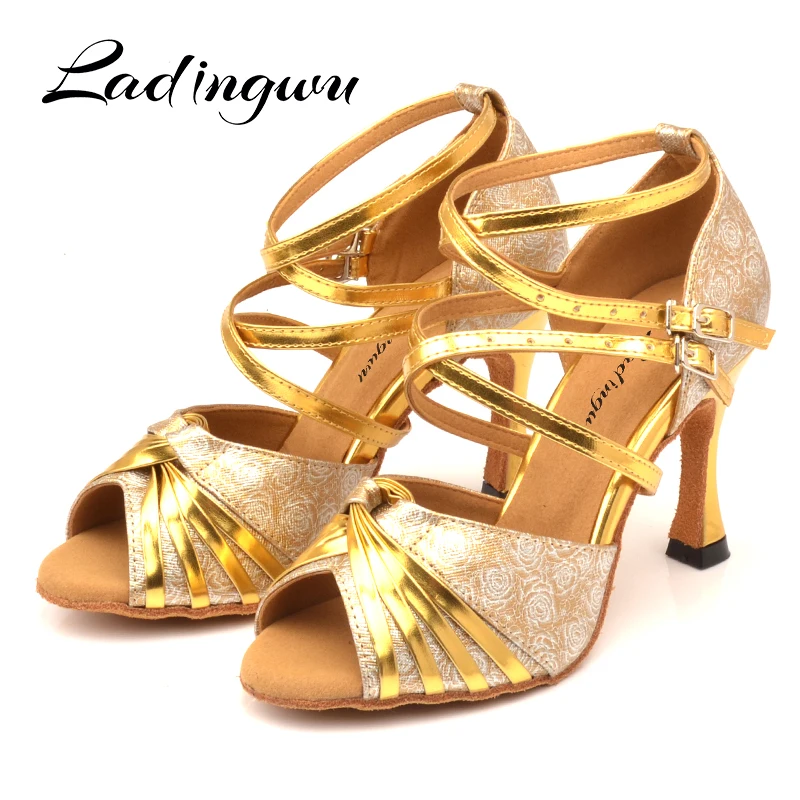 

Ladingwu Latin Dance Shoes Women Rose print PU Ballroom Dance Shoes Double cross belt Dance Shoes Salsa Classic Design
