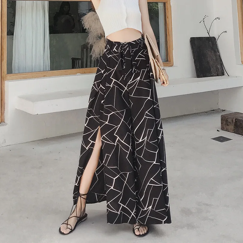 

YuooMuoo Summer Chiffon Wide Leg Pants Women Casual Elegant Female Loose Belted Split Beach Trousers New Arrival Sexy Bottoms