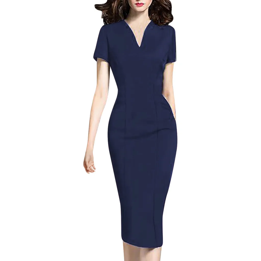 Винтажное однотонное женское платье с v образным вырезом короткий рукав