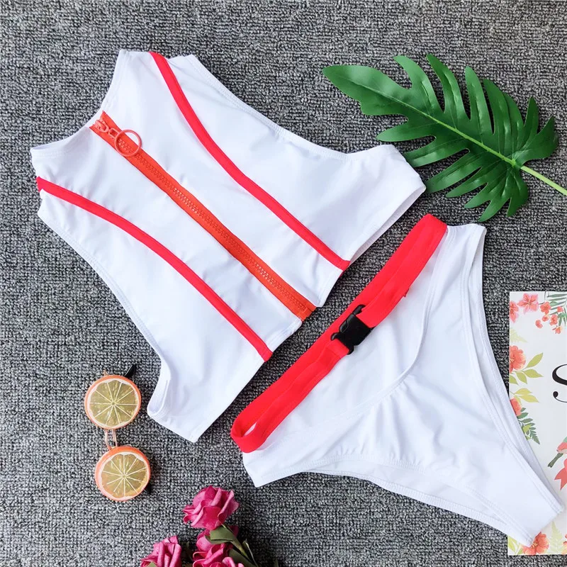In-X Zipper с высоким вырезом бикини 2019 стринги купальник однотонный спортивный