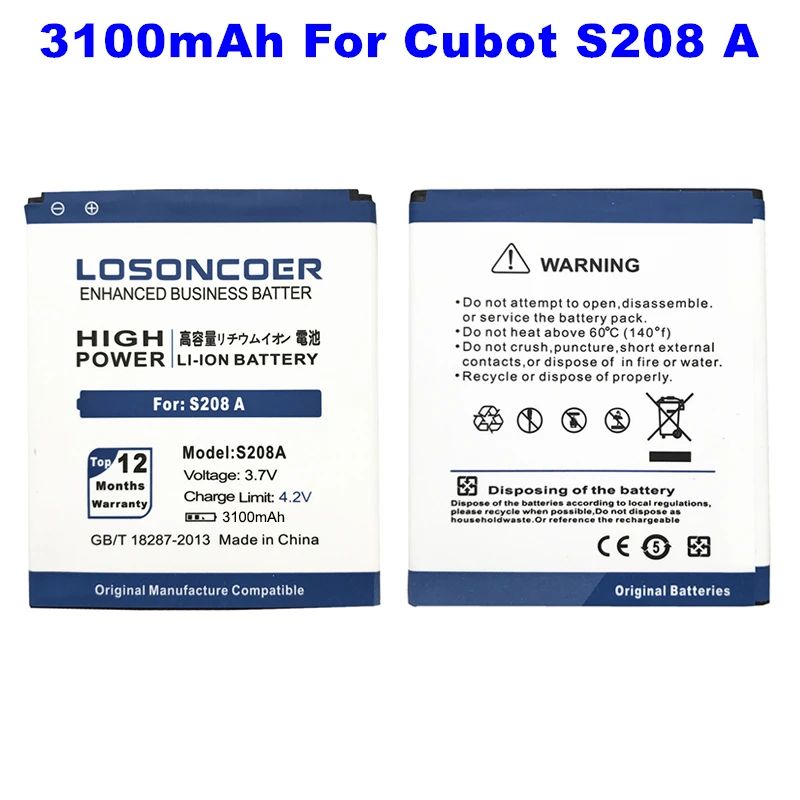 LOSONCOER хорошее качество брендовая батарея 100% новая 3100mAh для Cubot S208 A / S208A батарея|s208a