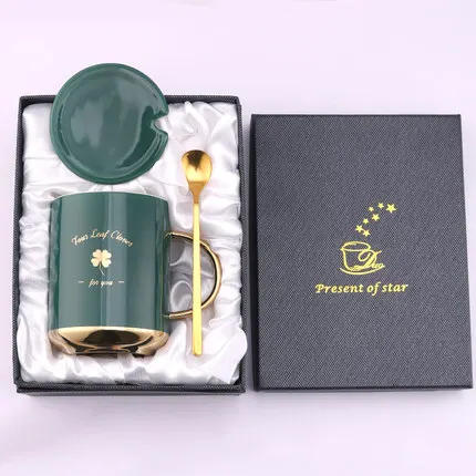 LEAF(Gift) Ins креативная керамическая кружка для кофе, молока с крышкой и ложкой, подарок на день рождения для влюбленных, бизнес чашка, высокотемпературная глазурь, жареный цветок - Цвет: LEAF(Gift)