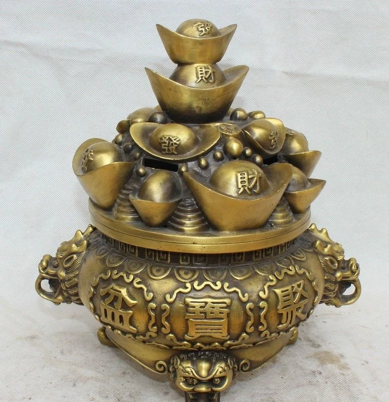 12 &quotКитай Медь Богатство Yuanbao Сокровище Чаша льва ручка благовония горелки