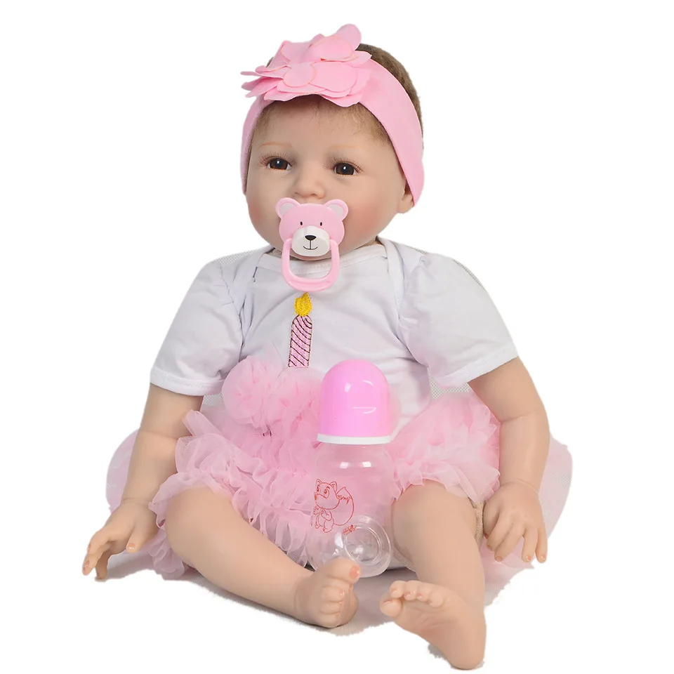 

22'' 55cm Soft Silicone Reborn Baby Doll with Pink Candle Dress Real Like Smile Bonecas Doll Reborn Birthday Xmas Gift For Girls