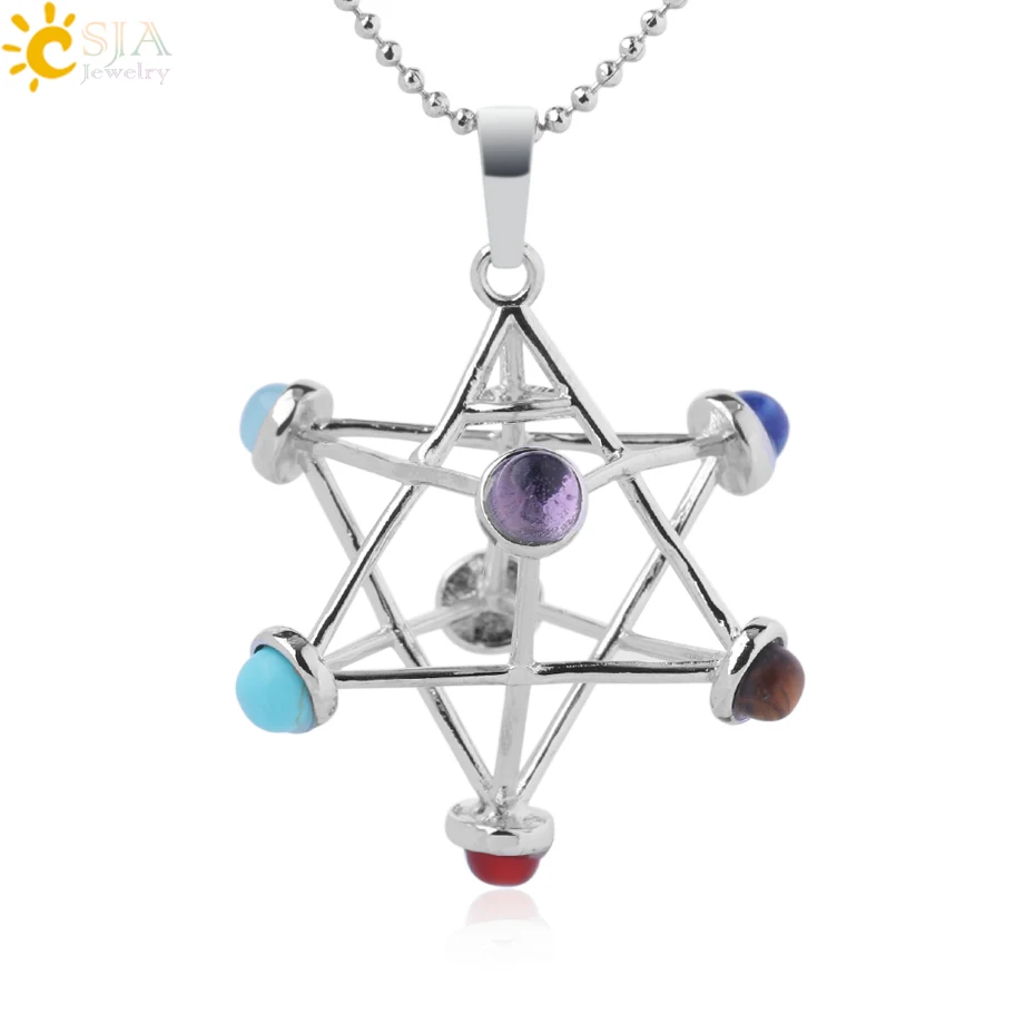 Necklace CSJA Merkaba Chakras подвески из натурального камня рейки 7 Ожерелье «чакра» Исцеление полые звезда точка женщины мужчины ожерелье маятник F766 - Окраска металла: Necklace