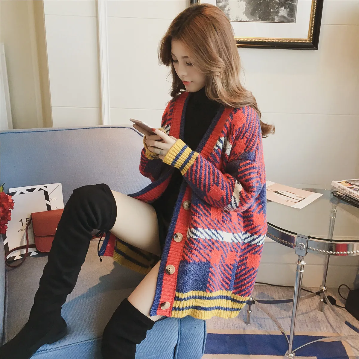 Autumn Sweater Loose Korean Medium Length Long Sleeve V neck Knitted Stripe Plaid Sweater Cardigans Women Jumper Pull Femme