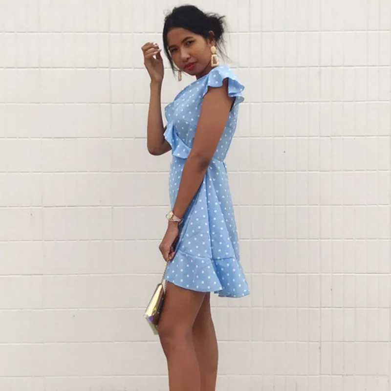 

Women Fashion Casual Short Sleeve Dress Dot Printing Asymmetrical Dress Lace Up V-Neck Ruffles Chiffon Dress