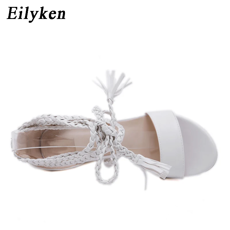 Eilyken; Новинка года; женские босоножки; модная обувь на высоком каблуке; Цвет черный, белый; женские летние босоножки с перекрестной шнуровкой; Туфли на шнуровке с открытым носком