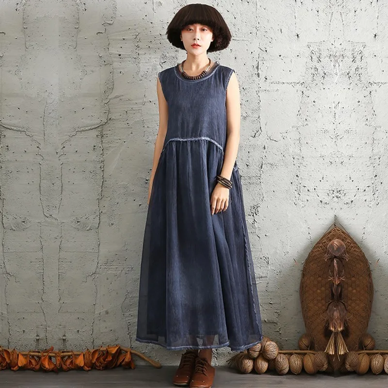 Платье макси летнее хлопково льняное без рукавов большого размера|casual long dress|long
