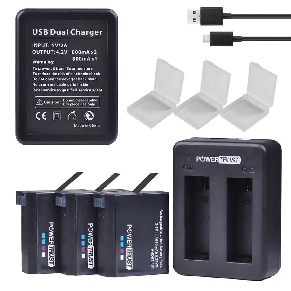 PowerTrust 1680mAh 2 шт AHDBT-401 AHDBT 401 AHDBT401 батарея+ двойное зарядное устройство USB для экшн-камеры GoPro Hero4 HERO4