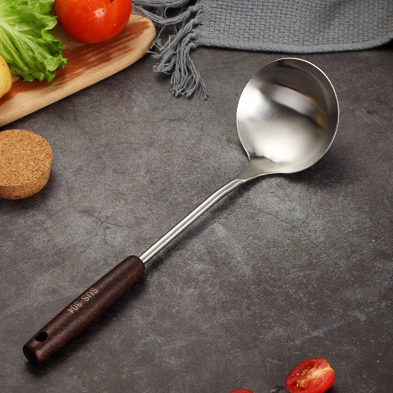 Ladle B WORTHBUY набор кухонной утвари 304 из нержавеющей стали кухонная утварь лопатка Тернер ковш Нескользящая деревянная ручка кухонный инструмент для приготовления пищи - Цвет: Ladle B
