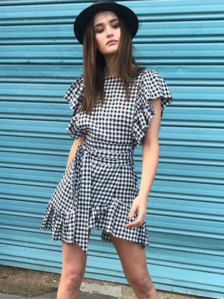 OOTN женское платье в черно-белую клетку Летнее мини-платье с рюшами женский сарафан с коротким рукавом клетчатое платье с поясом и галстуком-бабочкой на каждый день