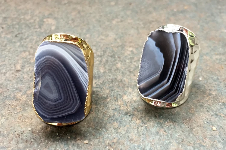 BOROSA натуральный кулон Agates Druzy Открытое кольцо Ringe Гальваническое натуральный оникс Агаты драгоценные камни Свадебная вечеринка кольцо
