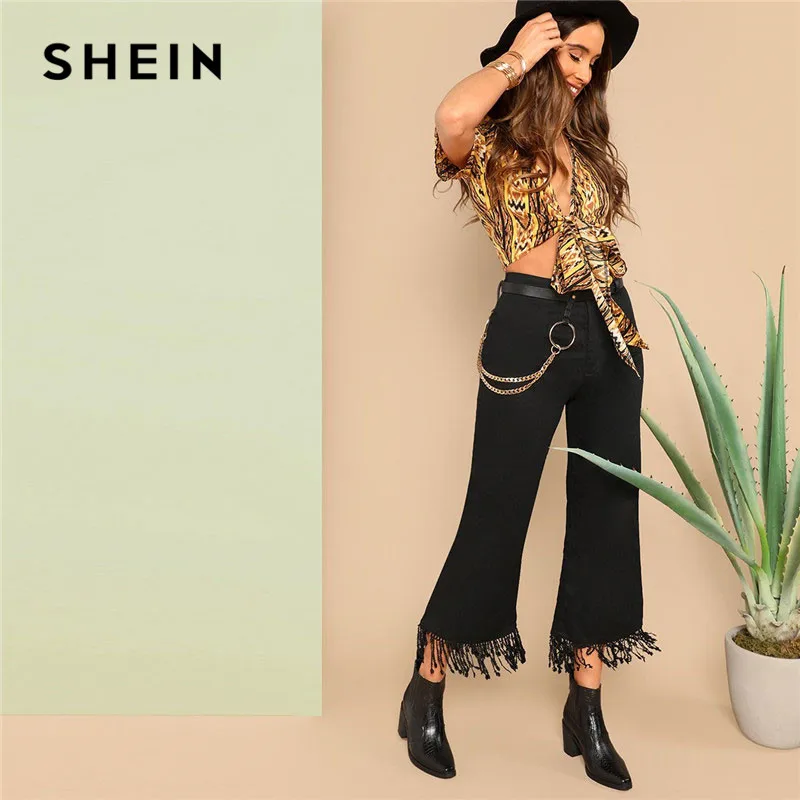 SHEIN Однотонные Расклешенные Брюки С Бахромой 2019 Женские Повседневные Винтажные