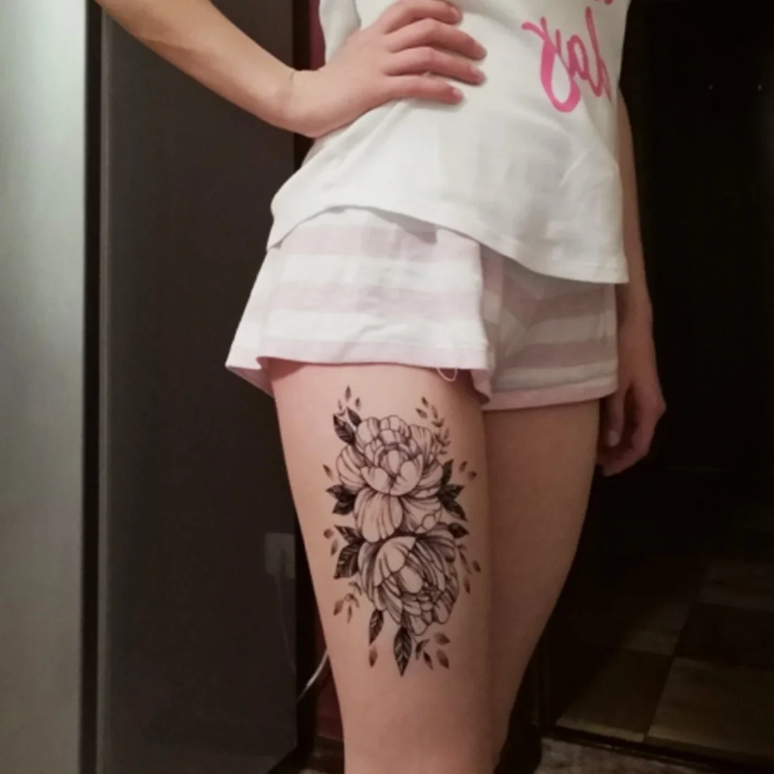 1 шт. черные татуировки для боди арта ноги девушка поддельный эскиз цветок пион