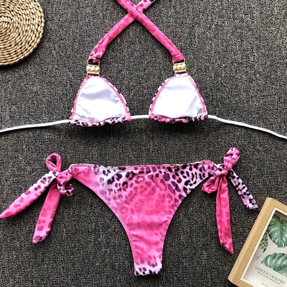 

Pink Leopard Print Rhinestone Halter Lace Up Bra Triangle Suit Sexy Women Bathing Suit Swimwear Bikini Set