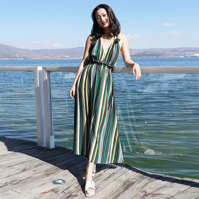 Летние пляжные Сексуальные Платья с глубоким v образным вырезом полосатые платья