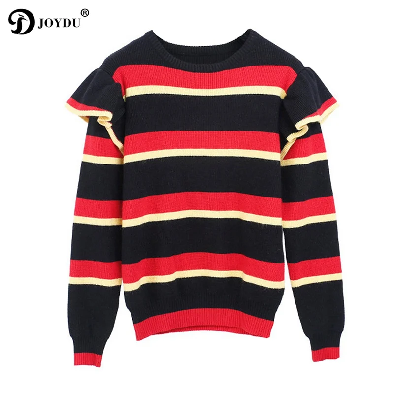 JOYDU Sweater For Women 2018 Winter Runway Design Ruffles Patchwork Wool Knitted Sweaters Red Black Striped Slim Pullover Jumper | Женская