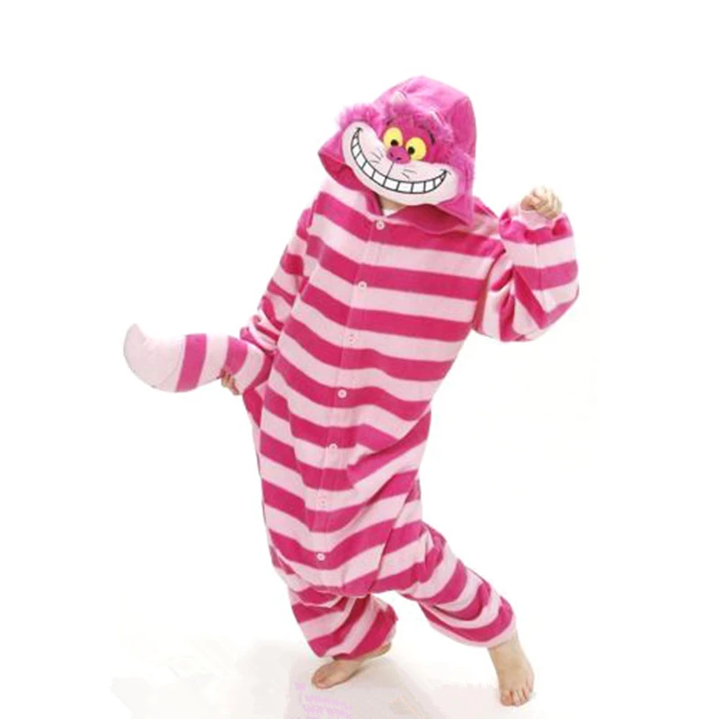 

Winter 2017 New Sleepsuit Adults Cartoon Pink Stripe Cat Unisex Onesies for adult Pajamas Cosplay Costumes Animal Jumpsuit