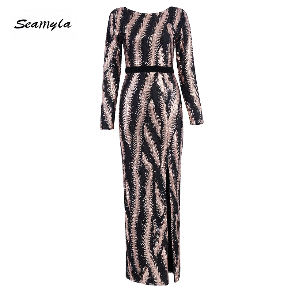Seamyla, высокое качество, женское длинное макси платье, Vestido, облегающее, с золотыми блестками, платья, сексуальная клубная одежда, вечерние платья знаменитостей, летнее