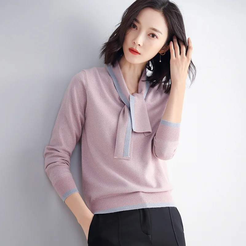 Fashion Scarf Collor Sweater Female Spring Autumn pullovers Women Bright silk Knitted Jumper Tops kz535 | Женская одежда