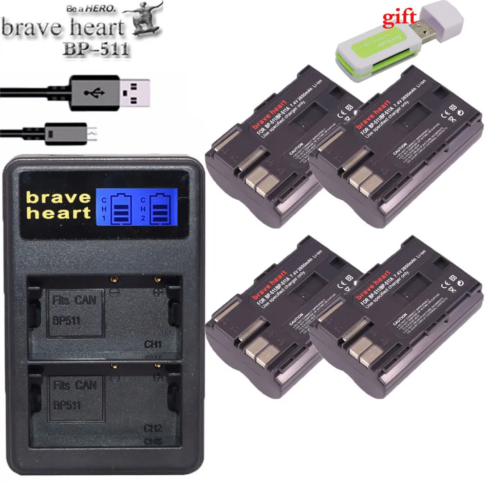 charger and 4battery 4x BP 511 511A BP511 BP-511 Батарея+ ЖК-дисплей USB Зарядное устройство для Canon 300D 10D 20D 30D 40D 50D PowerShot G1 G2 G3 G5 G6 90 90IS камера - Цвет: charger and 4battery