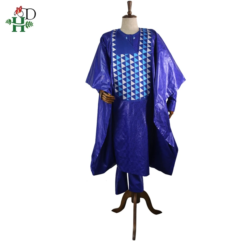H& D мужская одежда в африканском стиле синий костюм agbada накидка рубашка брюки комплект из 3 предметов без шапки Дашики халат вышивка Африканский узор PH3307