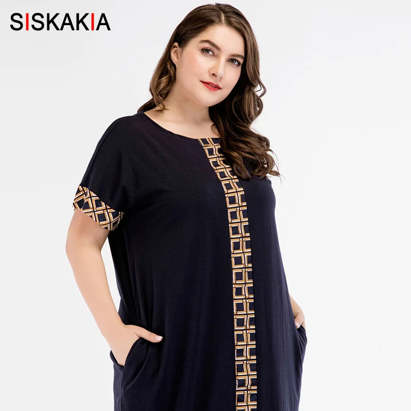 Siskakia, платье-рубашка размера плюс, длинное женское винтажное лоскутное Макси платье с геометрическим принтом, 3XL 4XL, аравийская одежда, лето - Цвет: Navy blue