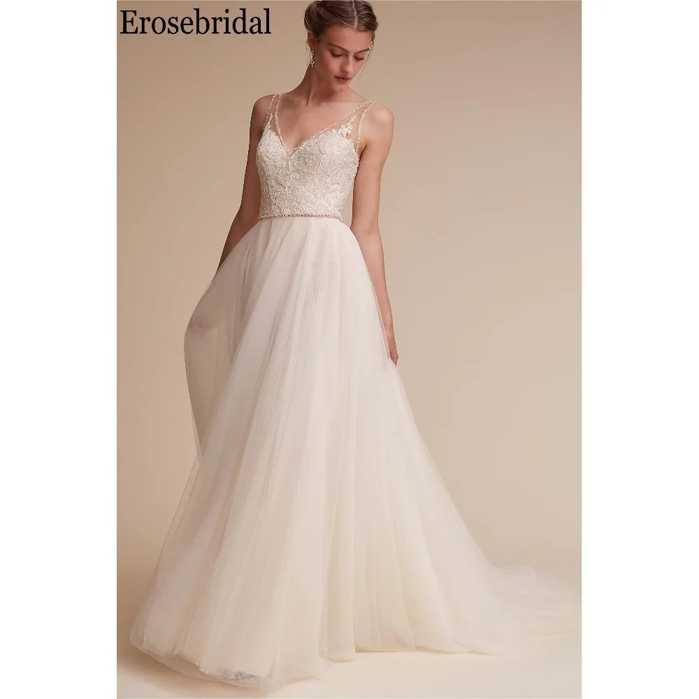 Erosebridal простое свадебное платье Линия бисера V шеи Элегантный пляжное съемный