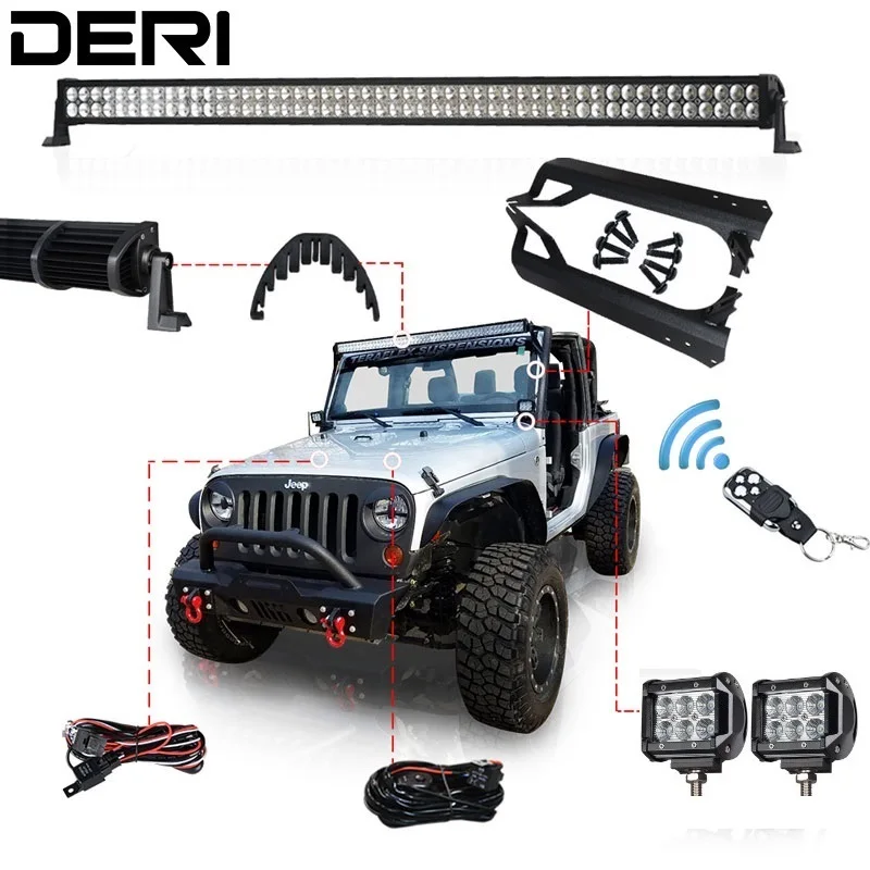 DERI 50inch 288W Offroad Dual Row Straight Combo LED Light Bar 4inch led work light Mount Brackets for Jeep Wrangler TJ 97-06 | Автомобили