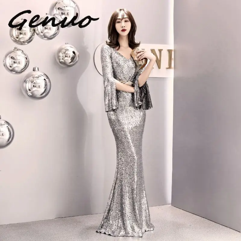 Genuo Elegant Party Dress Women Gold Silver Sequin Evening Party Gown Cloak Sleeves V Neck Belt Sexy Wedding Vestido de fiesta