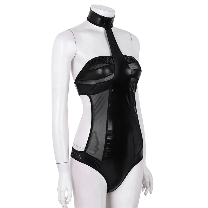 Женское нижнее белье из искусственной кожи Wetlook боди с бретельками на шее