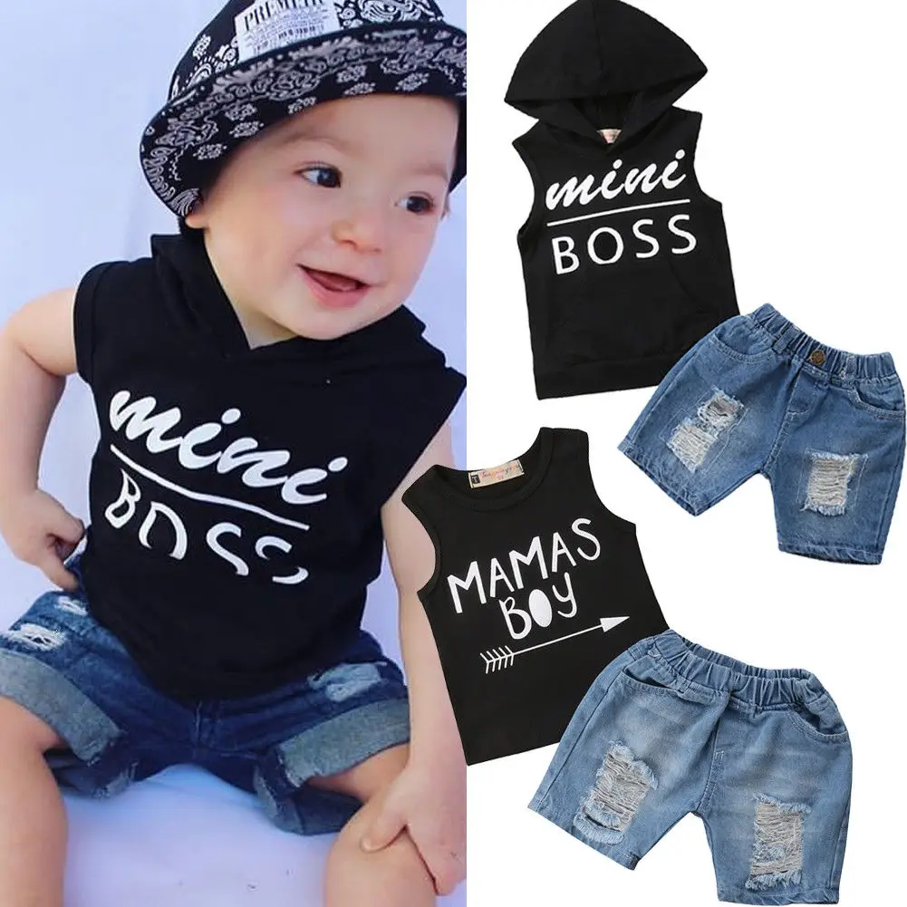 2018 Brand New Toddler Infant Kids Baby Boys Vest Tops T-shirt+ Ripped Denim Pants 2Pcs Set Outfits Children Summer Clothing1-5T |