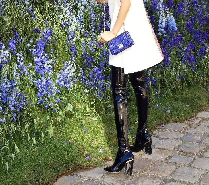 Пикантные ботфорты высокого Красные сапоги толстый прозрачный высокий каблук