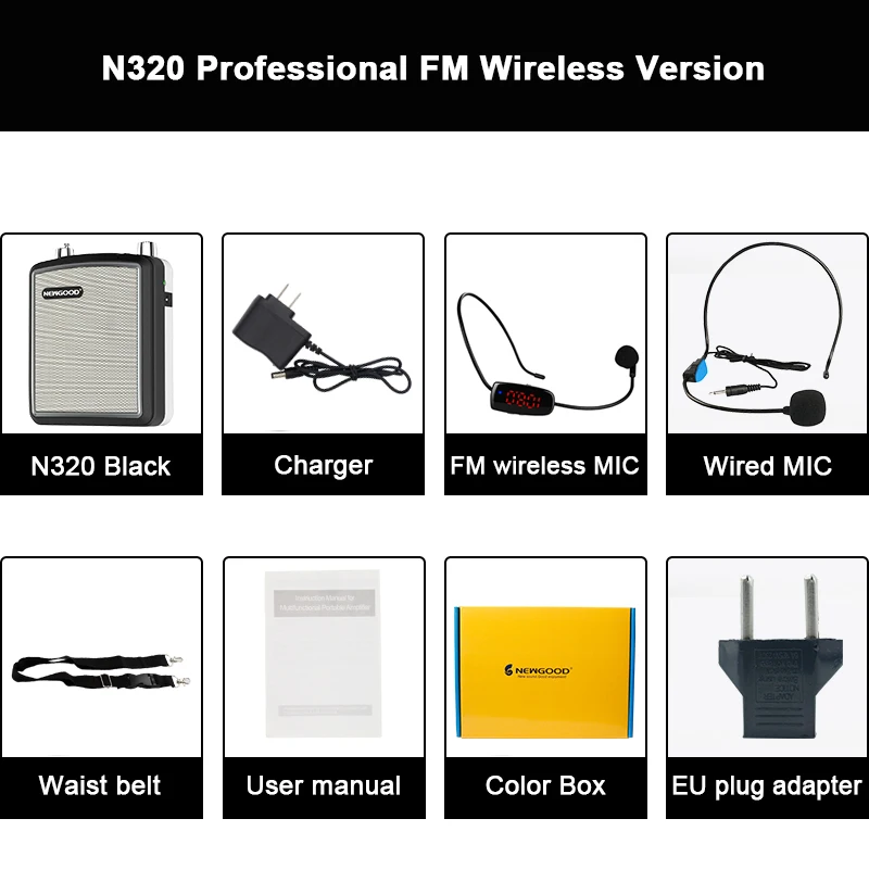 N320 BLACK Wireless 20 Вт Портативный беспроводной голосовой усилитель, наружный речевой динамик, UHF беспроводной микрофон, усилитель, FM радио, громкий динамик, запись - Цвет: N320 BLACK Wireless