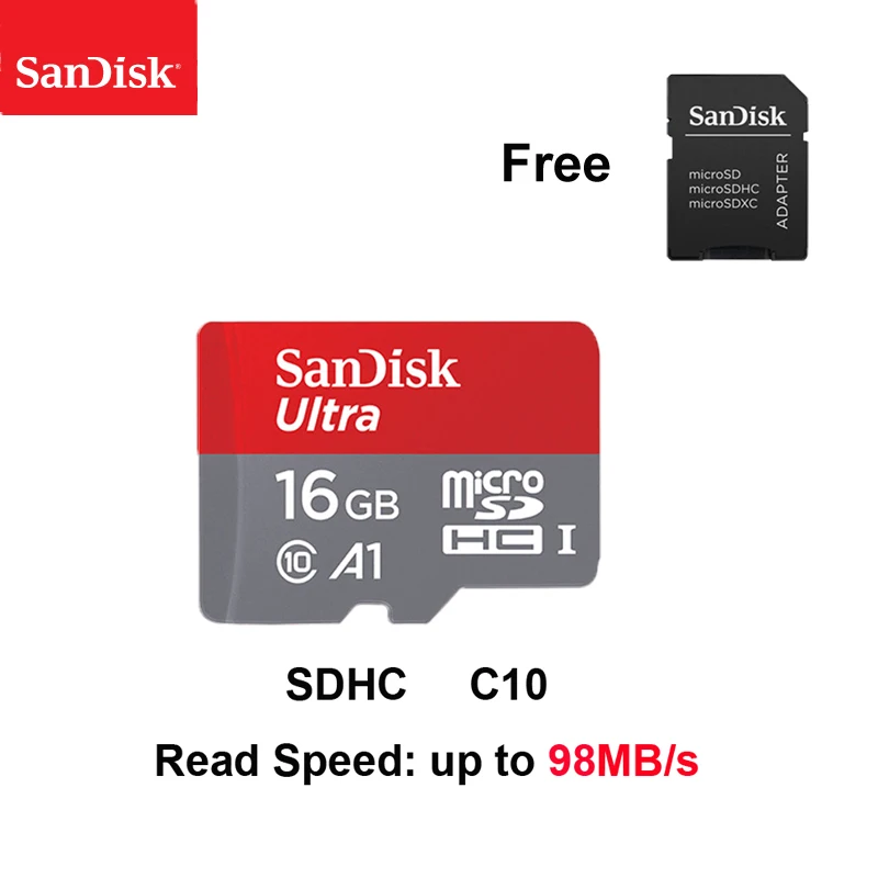 16GB Двойной Флеш-накопитель SanDisk Micro SD карта, 16 ГБ, 32 ГБ, 64 ГБ, 128 ГБ, карта памяти, Макс 98 МБ/с. C10 U1 A1 флеш-карта памяти Micro SD для телефона компьютера SDXC карты памяти SDHC - Емкость: 16GB