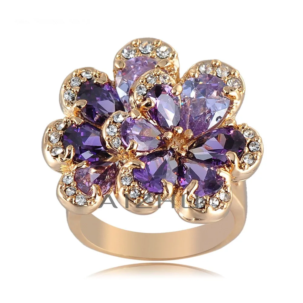 Free Shipping Charms Flower Shape Purple Zircon Women Rings Jewelry 18K Gold Plated Crystal Wedding Ring Size 5.5-10 | Украшения и