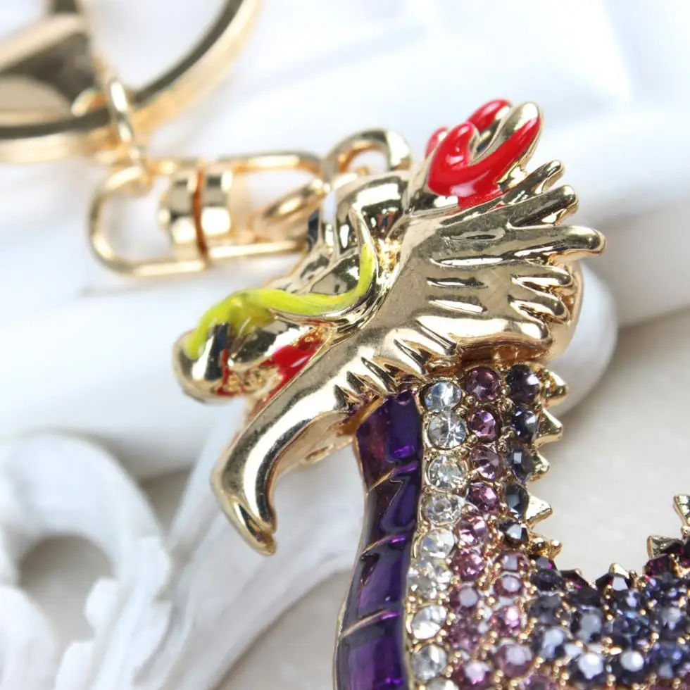 Китайский дракон Стразы животные фиолетовая Эмаль Кристалл брелок для ключей