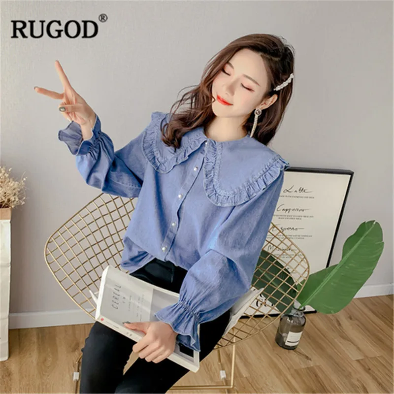 RUGOD Casual Office Lady Blue Blouses Peter pan collar Flare Sleve slim Women Shirts tops Plus size shirt Famele | Женская одежда