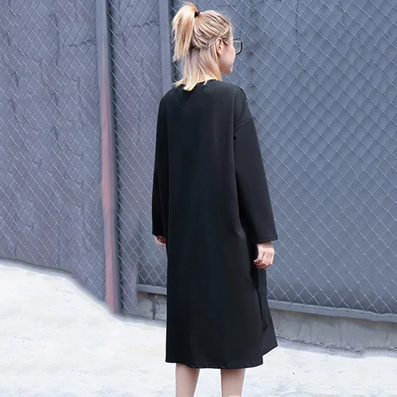 VGH Autumn Dresses For Women Round Neck Long Sleeve Casual Loose Black Women's Midi Dress Female Large Sizes 2018 Fashion Tide | Женская