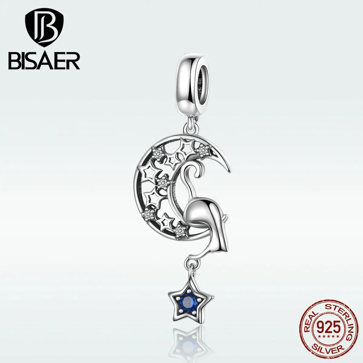 BISAER кошка и Луна Сказка 925 пробы серебро Луна Форма кошка звезда кулон талисманы подходят бусины браслеты DIY Ювелирные изделия ECC1205