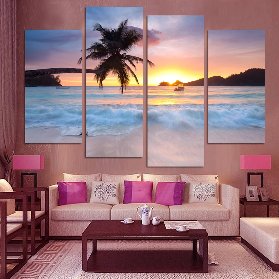 

Картина без рамы, 4 панели, Бесплатная доставка, пейзаж с видом на море, настенная Картина на холсте с изображением заката, Современная декор...