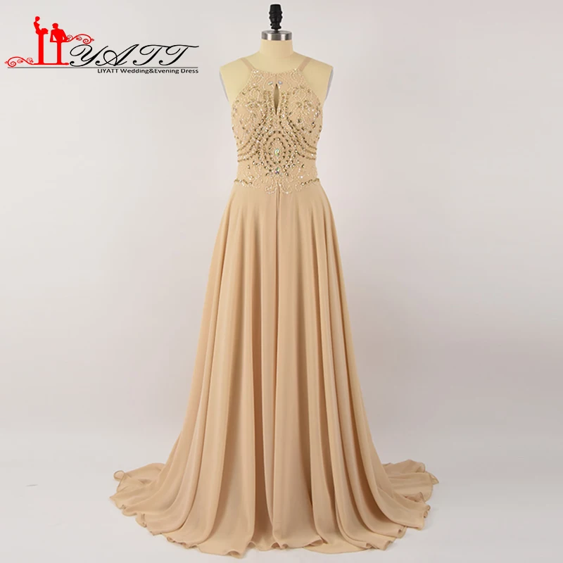 LIYATT настоящая фотография Шампанское Холтер декольте Кристалл бусины спинки