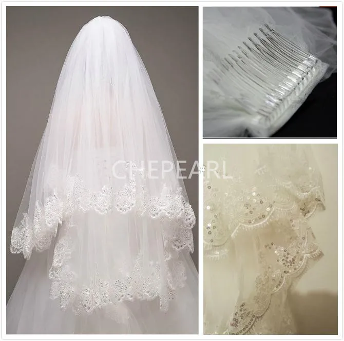 

Двухслойная короткая свадебная вуаль с расческой, кружевной аппликацией и блестками, вуаль для невесты, свадебные аксессуары, 85 см