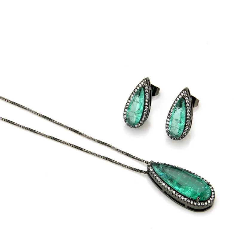 Lucky Sonny Tourmaline Fusion Jewelry Set Party Pear Earrings &amp Necklace Lindo Joyeria Ice CZ Crystal Brincos Collar Semijoyas |