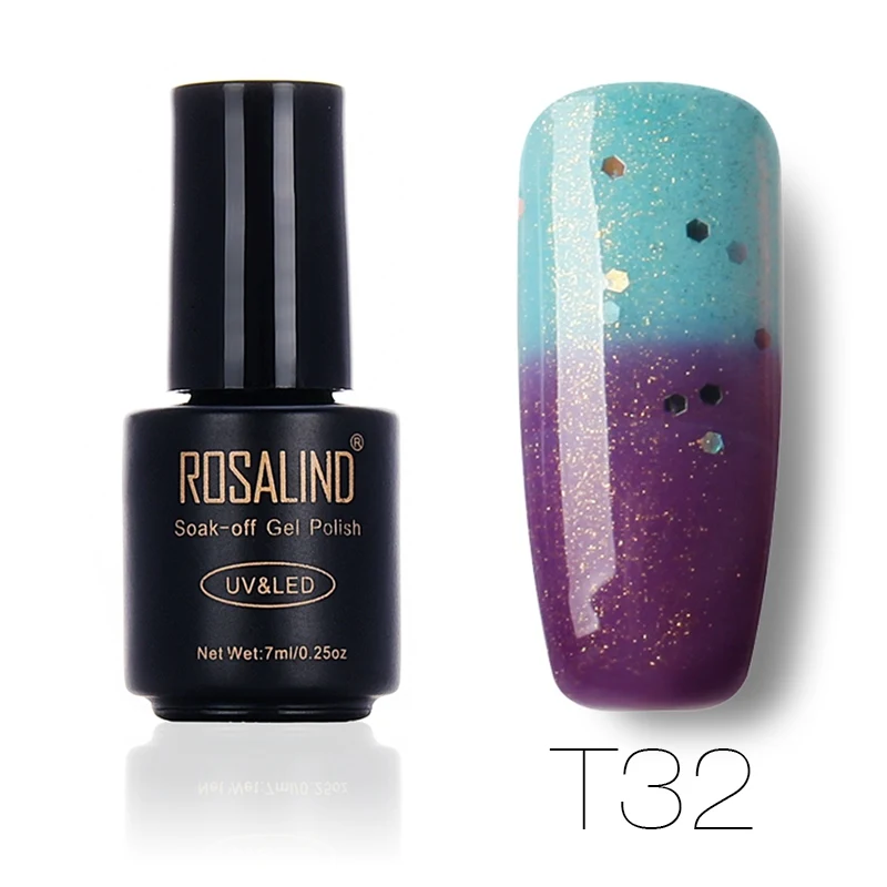 ROSALIND гель 1 S черная бутылка 7 мл хамелеон, изменяющийся от температуры T31-54 гель лак для ногтей УФ светодиодный Полупостоянный Лаки - Цвет: T32