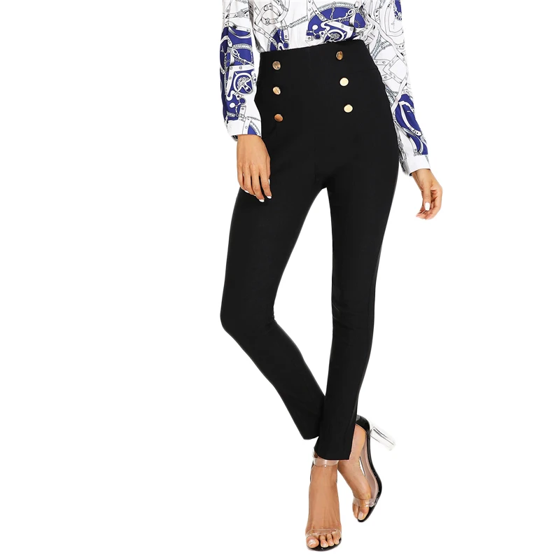 SHEIN, украшенные пуговицами, узкие брюки, элегантные женские, летние, осенние брюки, с молнией сзади, с высокой талией, однотонные, с высокой талией