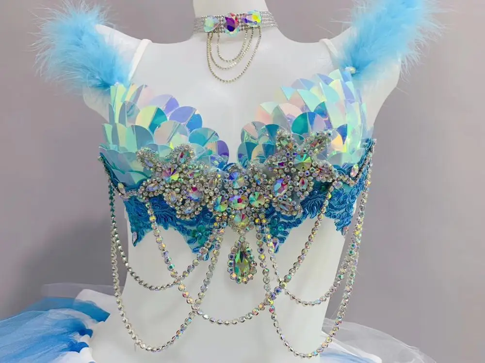 Blue Sequins Rhinestones Bra Mesh TUTU Skirt Sexy Women Set Bar Club Rave Party Dance Outfit Nightclub DJ Singer Costume 2 Piece |