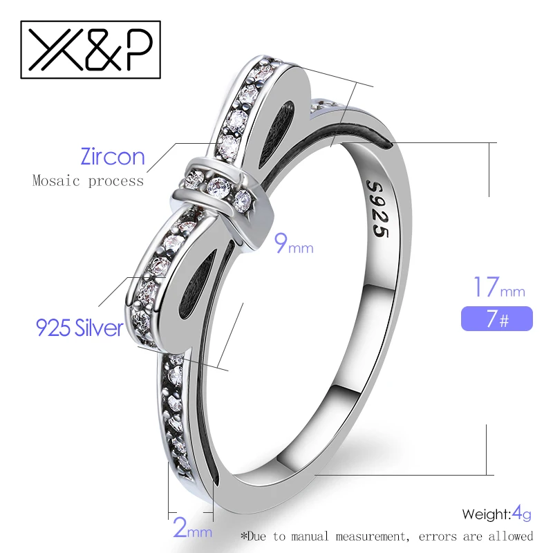 X & P модное милое корейское кольцо с бантиком украшенное серебряными кристаллами