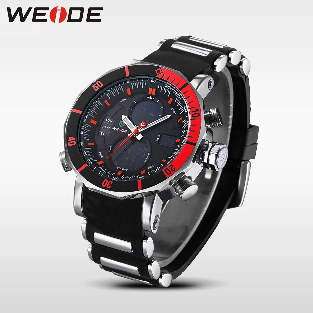 WEIDE Уникальный Красный Черный Мужская Цифровые Dual Time Часы Обратно Из Нержавеющей